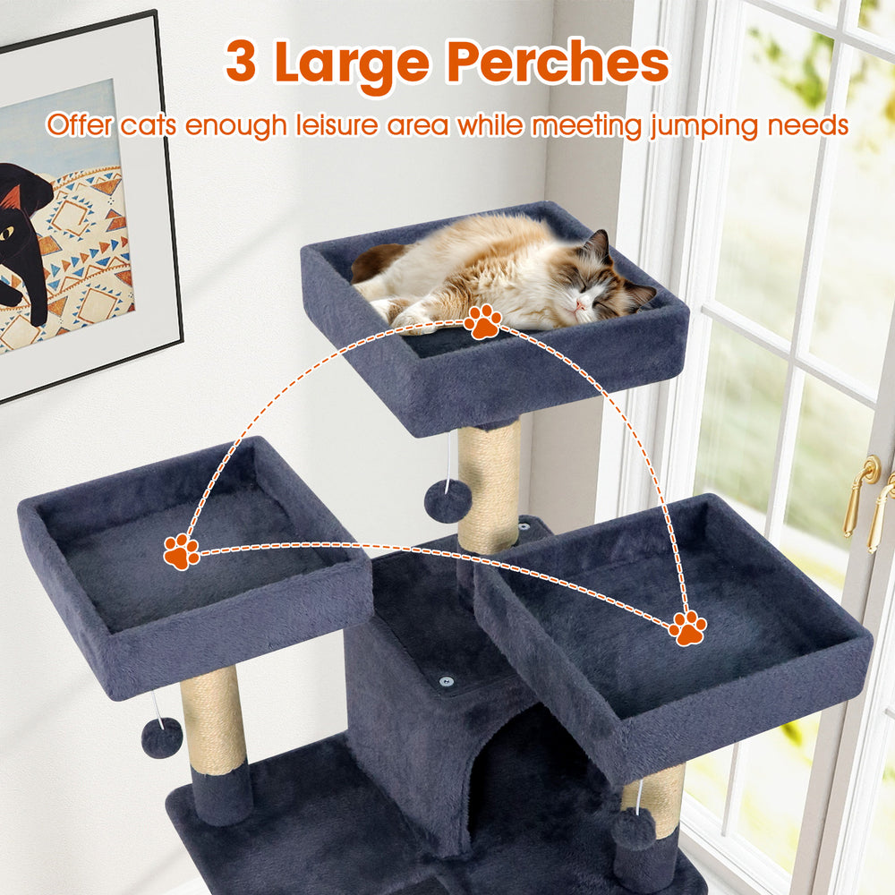 Three large upholstered perches on a 65-inch tall dark gray cat tree, ideal for lounging and jumping.