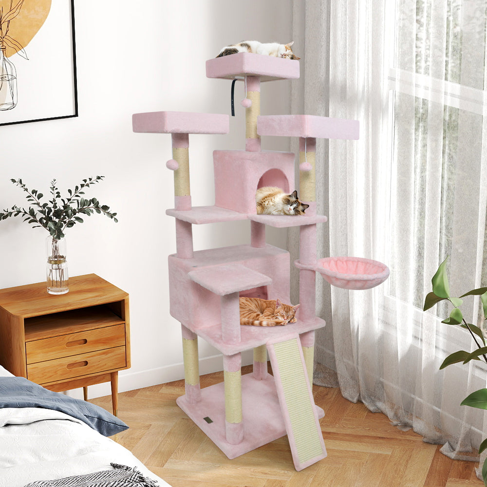 65 Inch Tall Multi-level Cat Tree with 3 Upholstered Perch and 2 Cat Condos-Pink - Gallery View 1 of 11