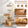Cat tree with faux rabbit fur, removable bed, and self-groomer, providing comfort and fun for cats.