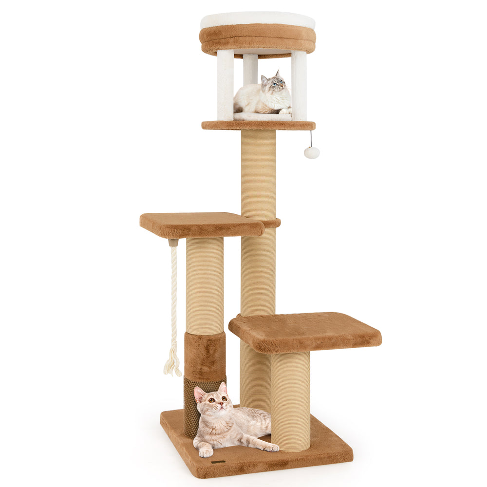 Cat tree with self-groomer and removable bed, featuring thick posts, plush platforms, and interactive toys for feline.