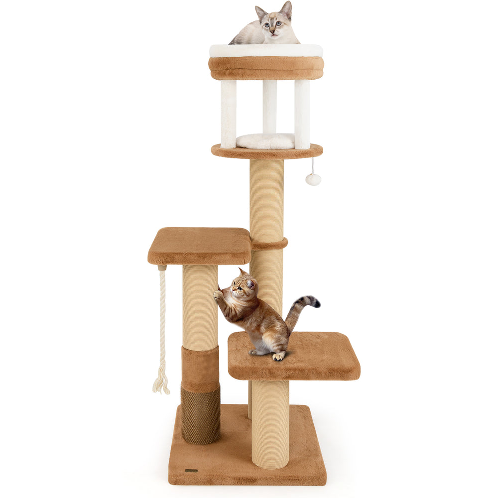 Cat tree with two large platforms, self-groomer, and removable bed in coffee color for feline relaxation and play.