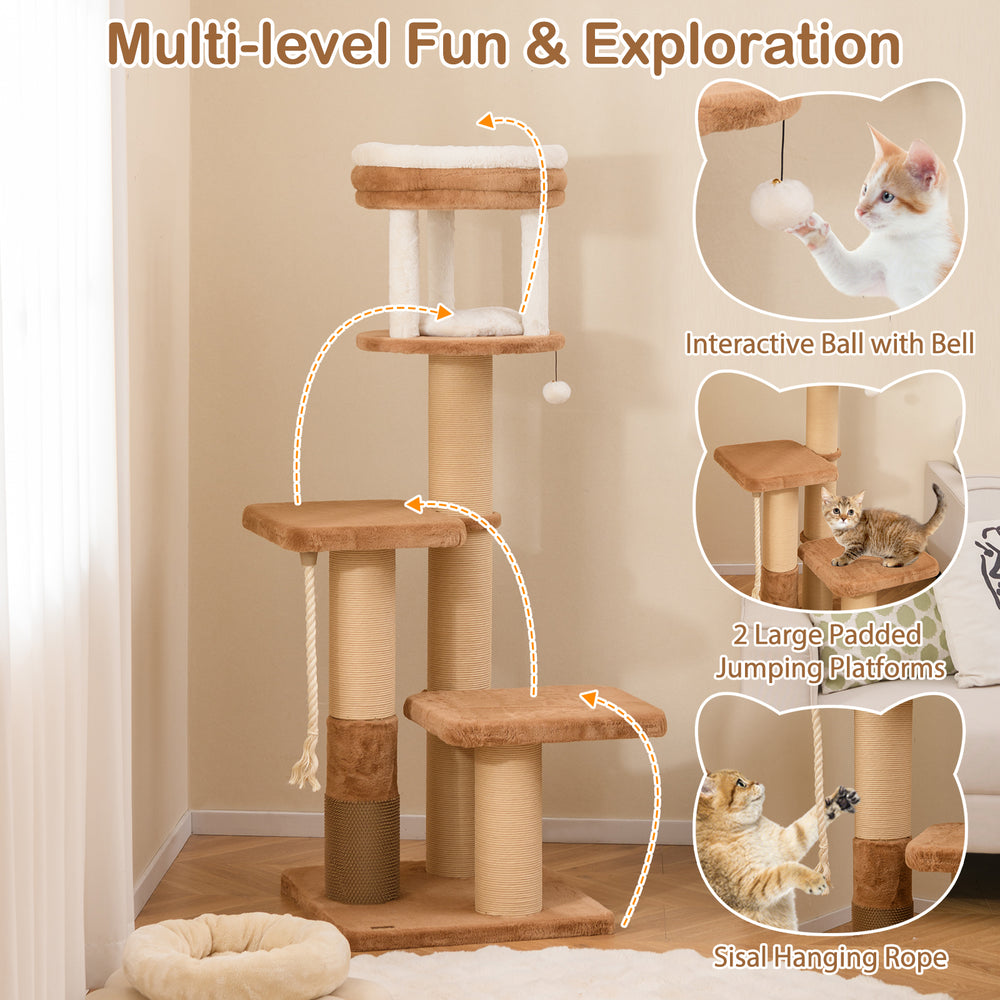 Multi-level 65-inch cat tree in coffee with padded platforms, self-groomer, and interactive ball for feline fun.