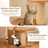 Cat tree with multiple scratching posts and self-groomer, featuring removable bed and plush faux rabbit fur for comfort.