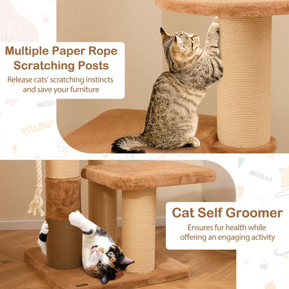 Cat tree with multiple scratching posts and self-groomer, featuring removable bed and plush faux rabbit fur for comfort.