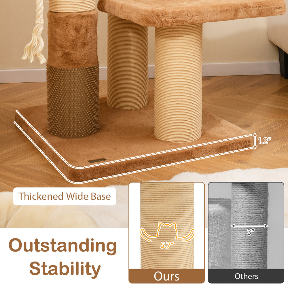 Close-up of the 65-inch tall cat tree's thickened base and sturdy 5.7-inch posts for outstanding stability and support.