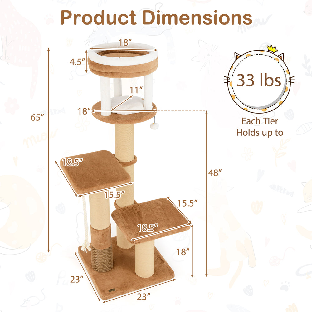 Product dimensions of a 65-inch tall cat tree with removable bed, featuring plush surfaces and sturdy platforms for.