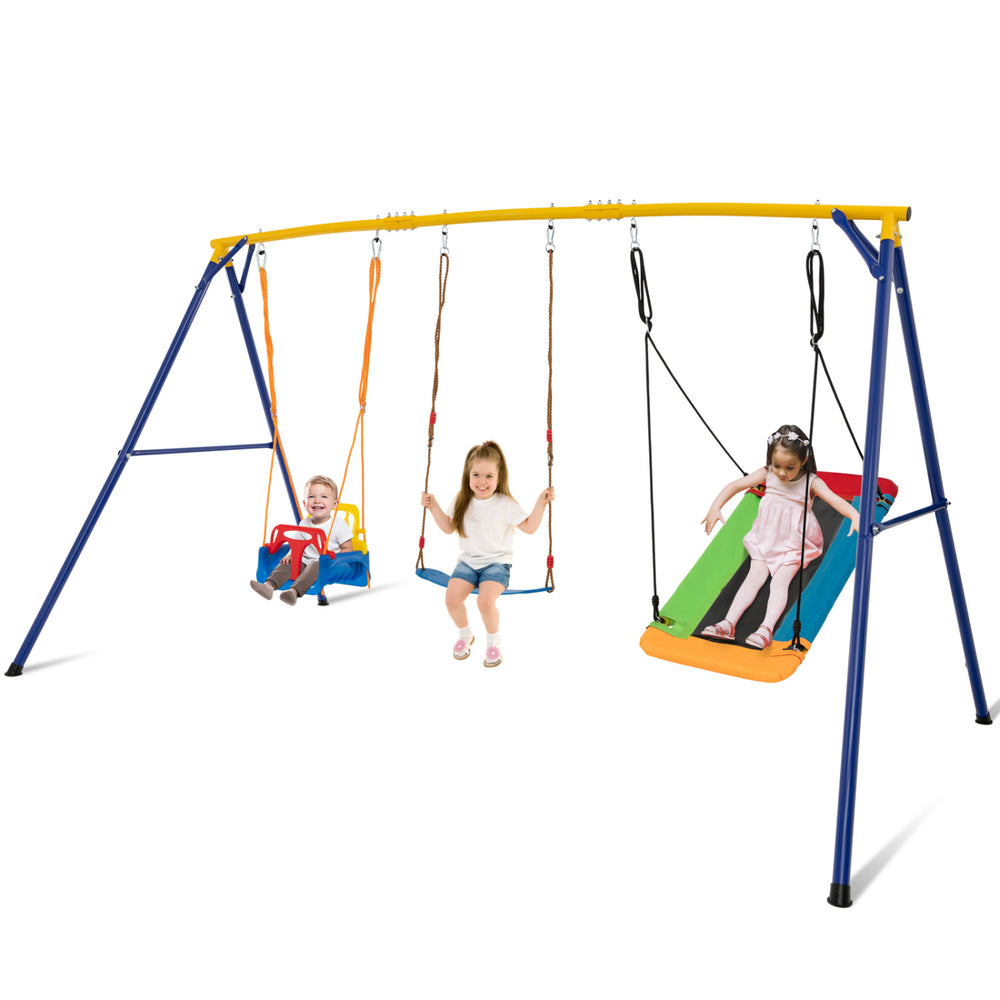 Heavy-duty carbon steel swing frame with three swings, designed for kids aged 3-10 years, ideal for backyard fun.