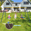 Heavy duty carbon steel swing frame with three swings, designed for kids aged 3-10, ideal for backyard fun.