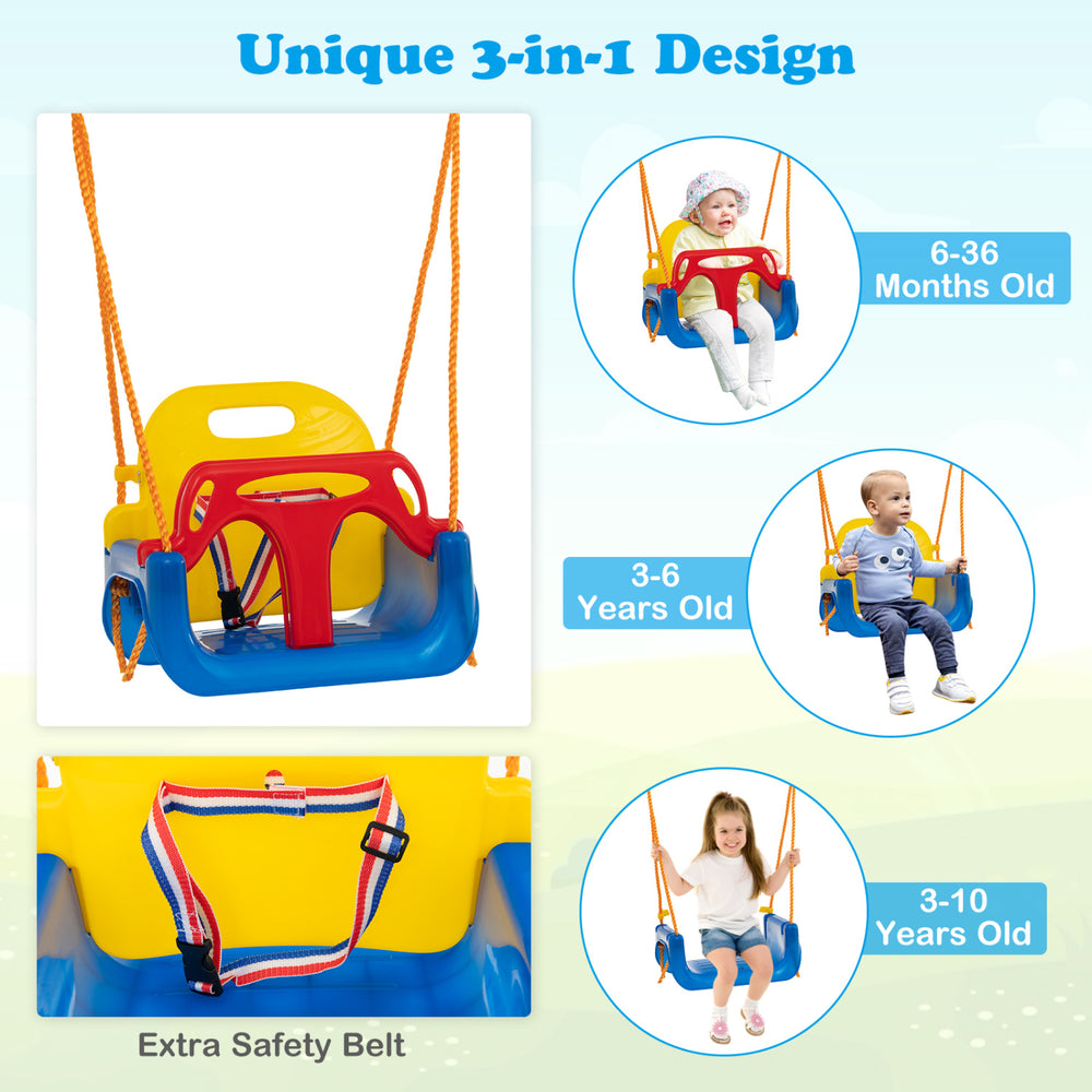 3-in-1 swing set featuring a yellow swing seat, belt swing, and platform swing for kids aged 6 months to 10 years.