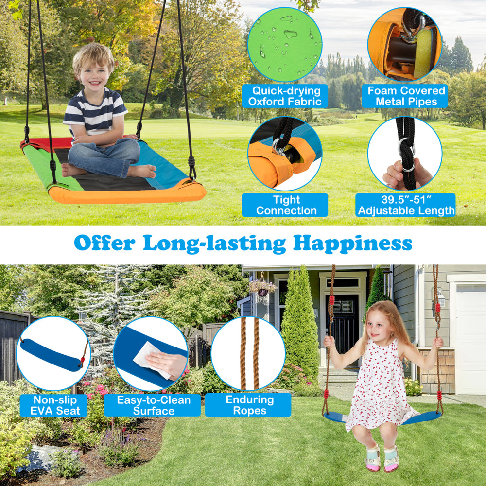 Heavy-duty swing frame with three swings, durable oxford fabric, adjustable ropes, ideal for backyard play for kids.