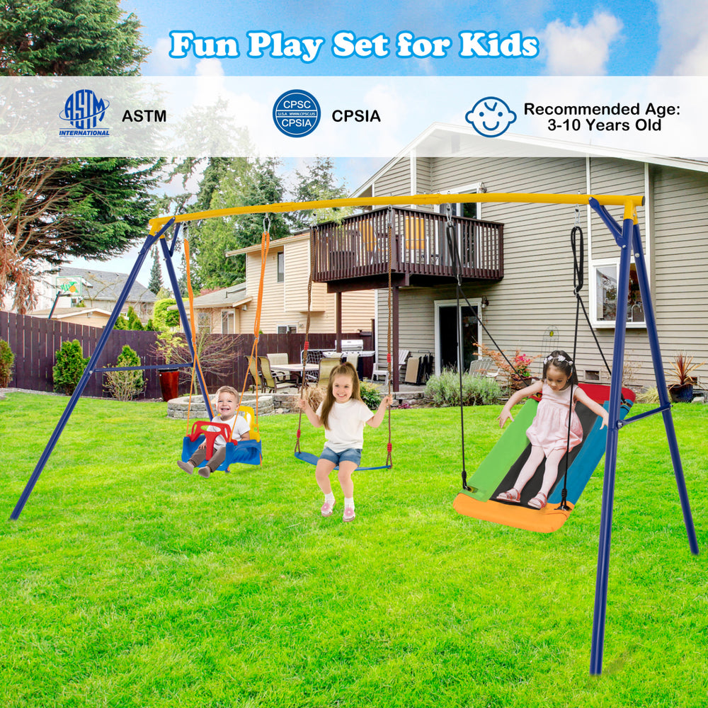 Heavy-duty carbon steel swing frame with three swings, ideal for kids aged 3-10 years in a backyard setting.