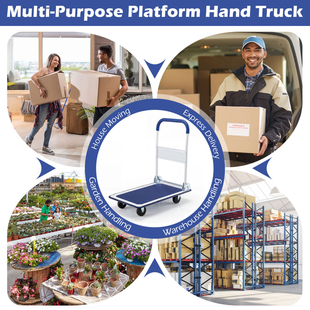 Folding platform cart dolly with black vinyl body, 660lbs capacity, ideal for home, garden, and warehouse handling.