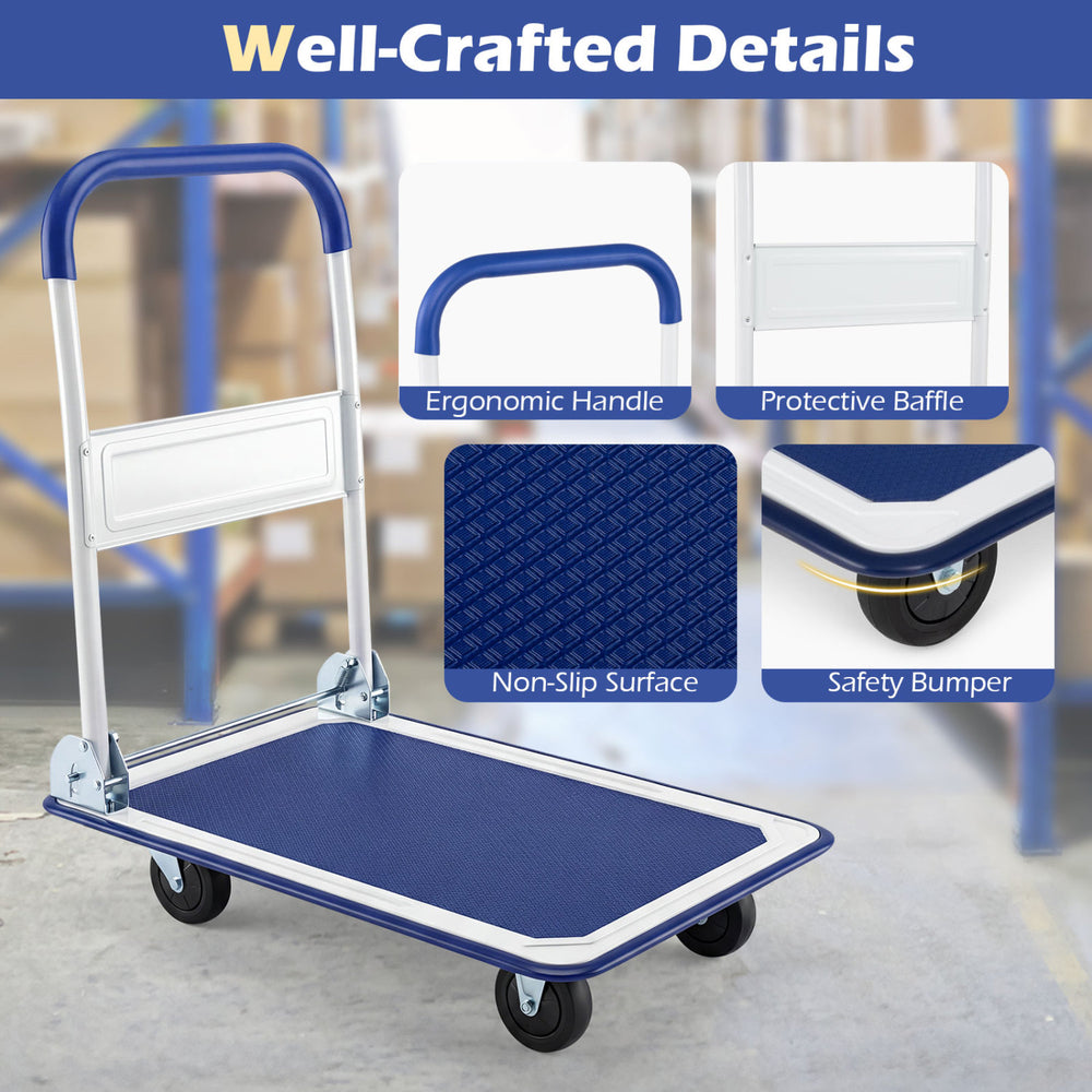 Folding platform cart dolly with ergonomic handle, non-slip surface, and safety bumper, ideal for heavy loads up to 660.
