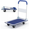 Folding platform cart dolly with a blue vinyl surface, 660 lbs capacity, and a foldable handle for easy storage.