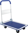 Folding platform cart dolly with a blue vinyl surface, 660 lbs capacity, featuring a foldable handle for easy storage.