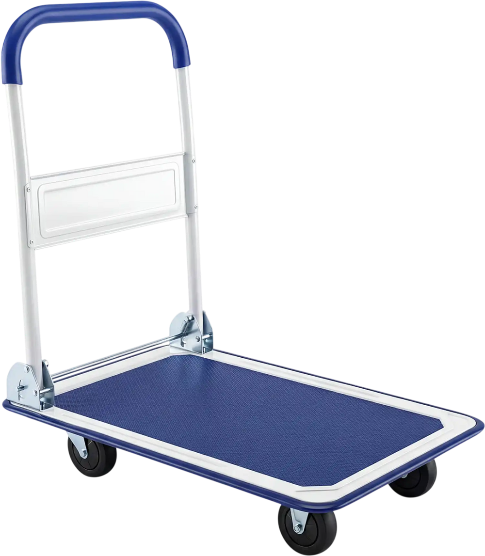 Folding platform cart dolly with a blue vinyl surface, 660 lbs capacity, featuring a foldable handle for easy storage.