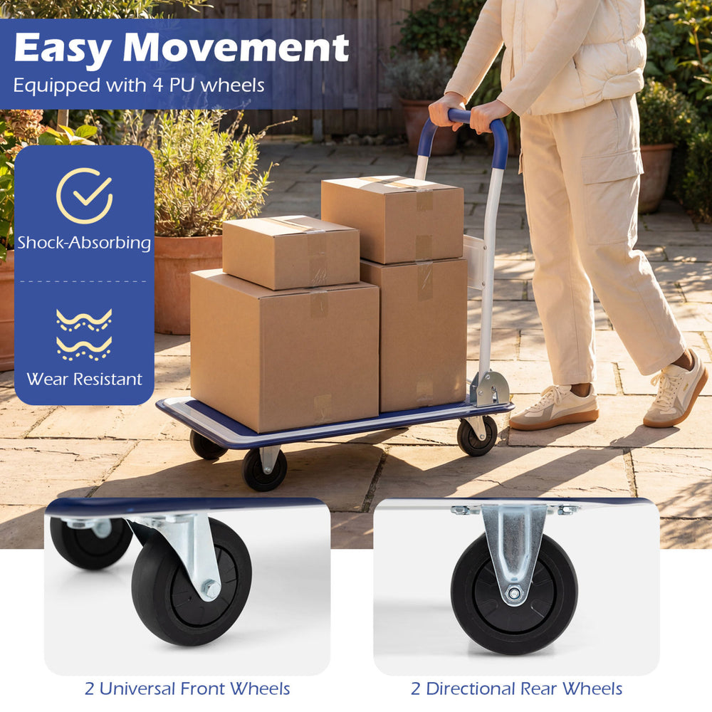 Folding platform cart dolly with 4 PU wheels, 660 lbs capacity, ideal for home or office use, shown with stacked boxes.