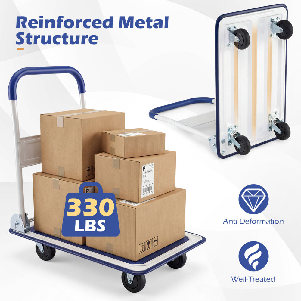 Folding platform cart dolly with reinforced metal structure, holding boxes, maximum load 660 lbs, ideal for home and.
