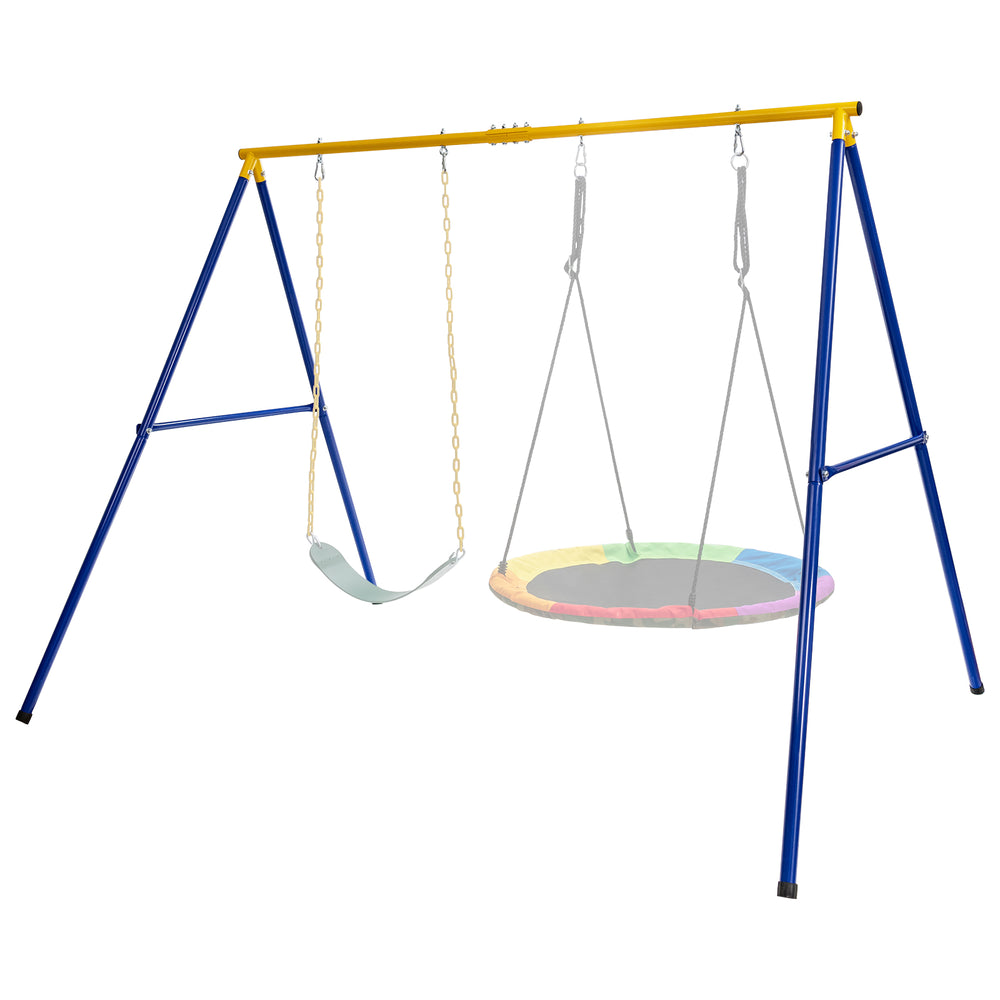 Extra-large A-shaped swing stand in yellow, made of durable steel, supports 660 lbs for two swings, ideal for outdoor.