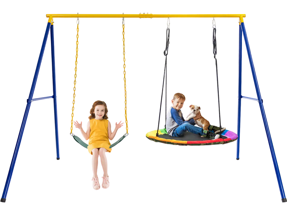 Extra-large A-frame swing stand in yellow, supporting 660 lbs, with anti-slip footpads for backyard fun.