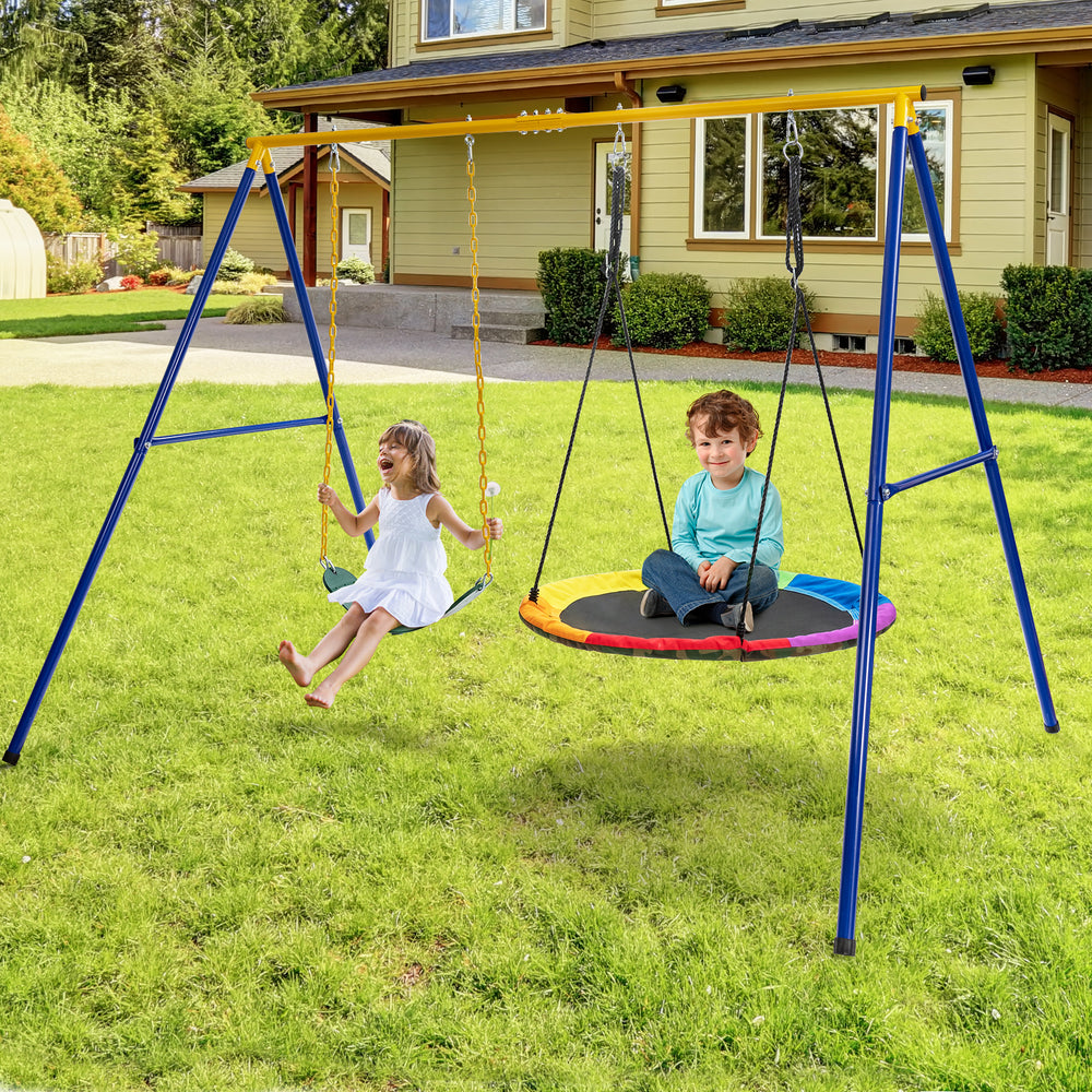 A-frame swing stand in yellow with anti-slip footpads, supports 660 lbs, ideal for various swings in outdoor settings.