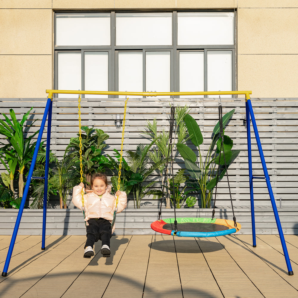 A child swings on a 660 lbs extra-large A-frame swing stand with anti-slip footpads, ideal for outdoor fun.