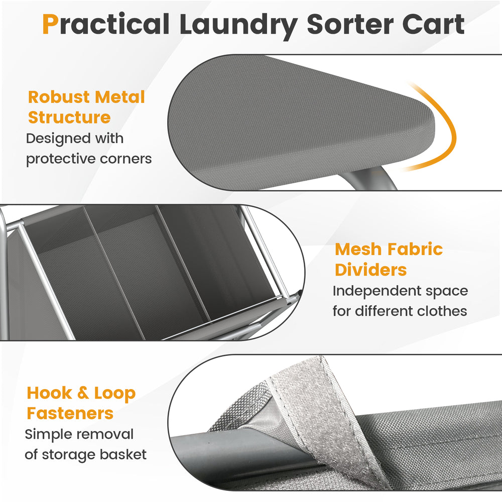 3-section laundry sorter cart in gray with foldable ironing board, robust metal structure, and mesh dividers for.