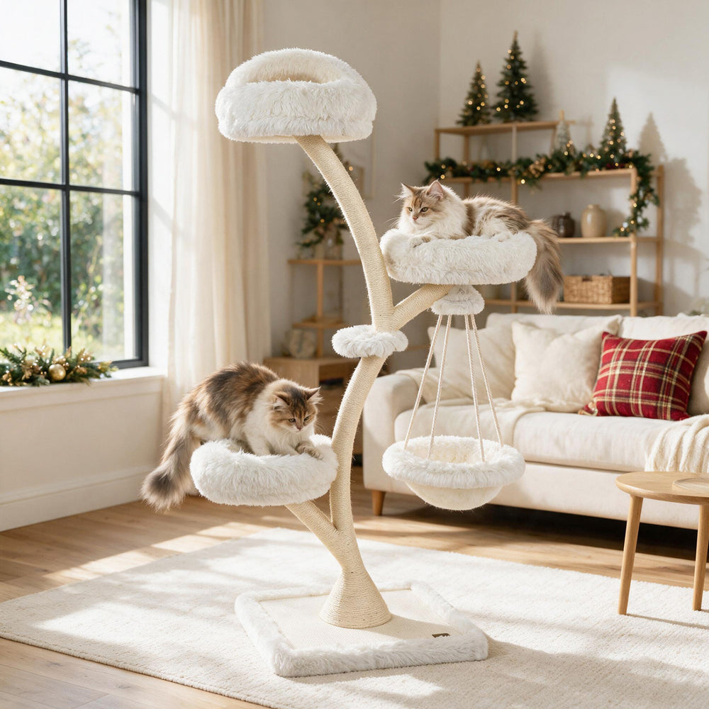 Multi-level beige cat tower with two beds, hammock, and sisal posts, perfect for indoor play and relaxation.