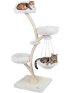 Multi-level modern cat tower in beige features plush beds, a hammock, and sisal posts for climbing and lounging.