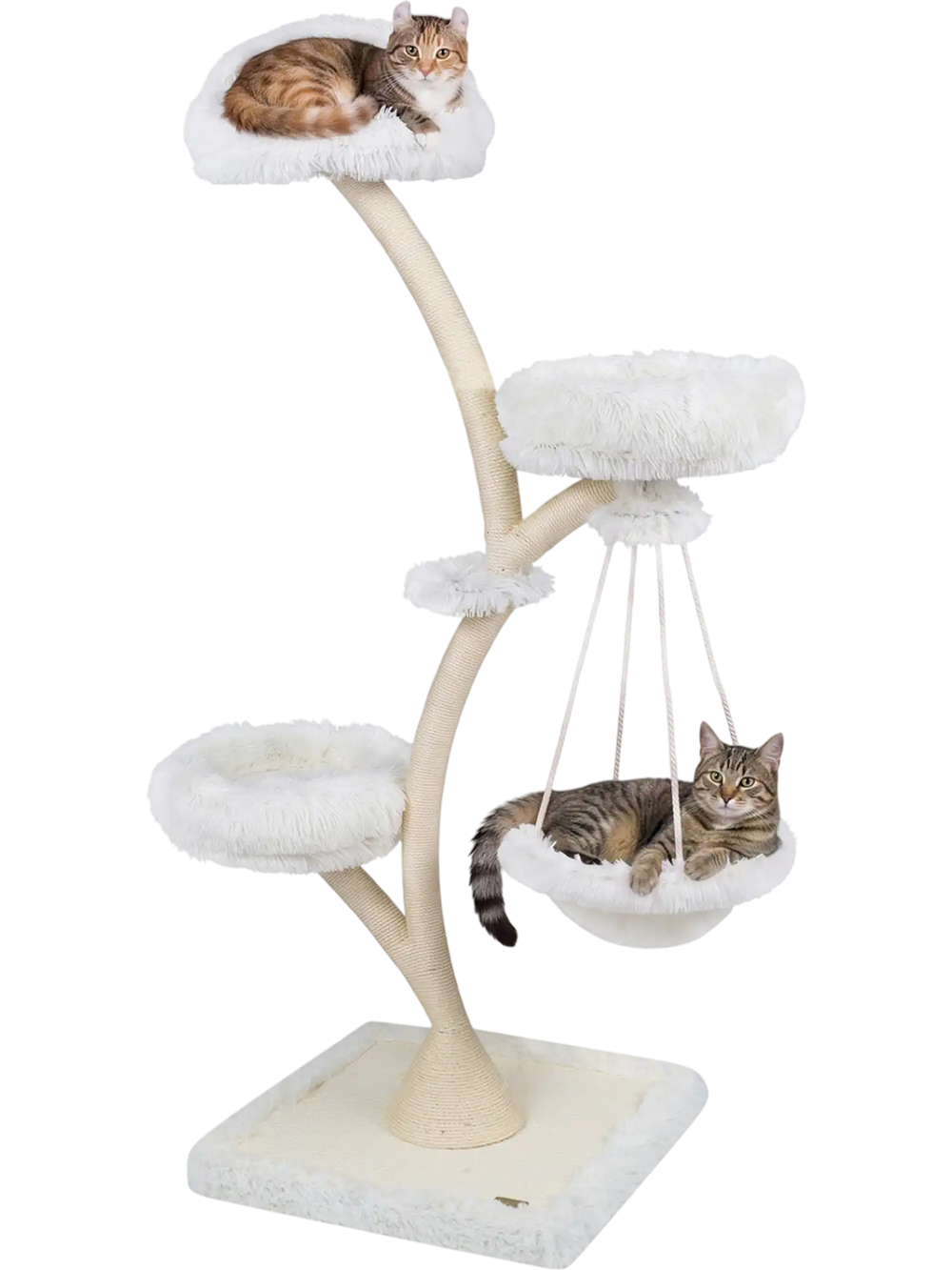 Multi-level modern cat tower in beige features plush beds, a hammock, and sisal posts for climbing and lounging.