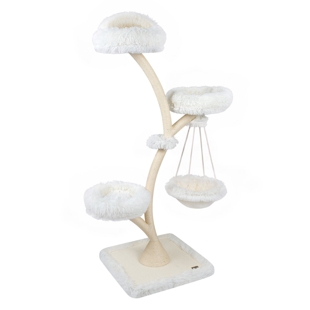 Multi-level modern cat tower in beige features two soft beds, a hammock, and sisal posts for climbing and scratching.