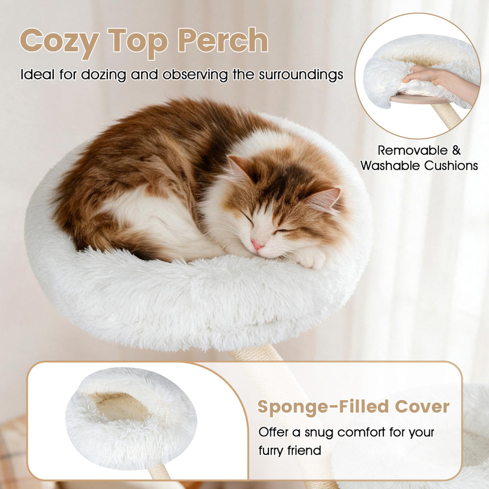 Cozy top perch with removable plush cushions for a snug resting spot on the 66.5" multi-level cat tower in beige.