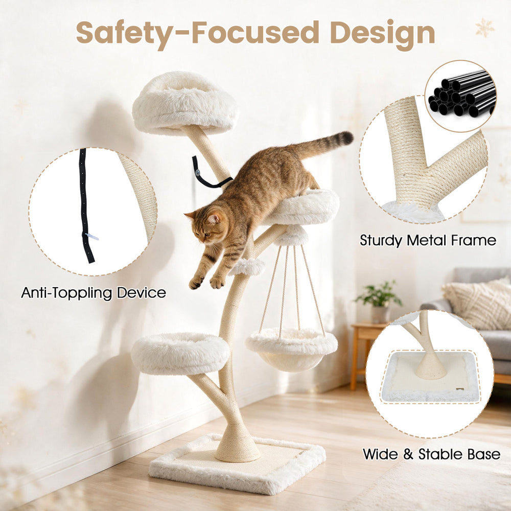 Multi-level beige cat tower features a top perch, two beds, hammock, and sisal posts for climbing and lounging.