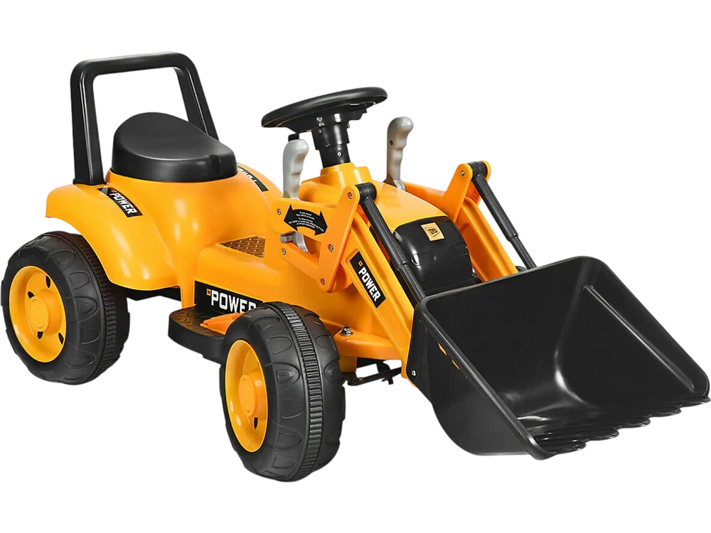 Kids ride-on excavator digger in yellow with realistic lifting arms, designed for indoor and outdoor fun on various.