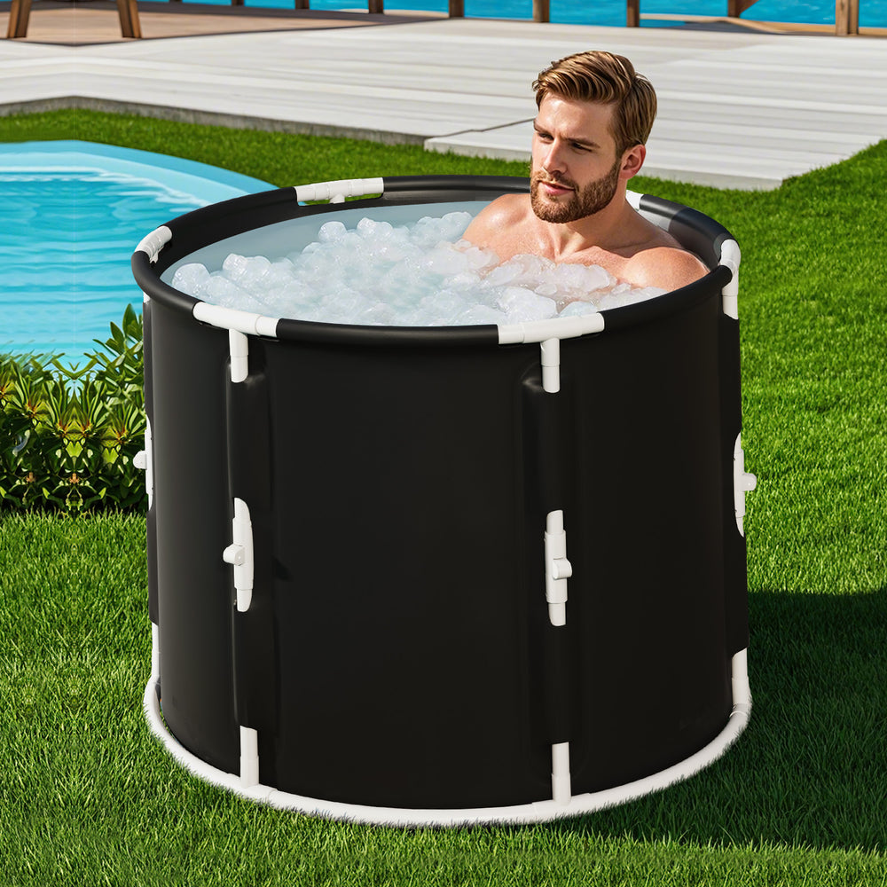 Foldable 66 Gal ice bath tub with lid, featuring thick sidewalls and supportive rods, ideal for muscle recovery.