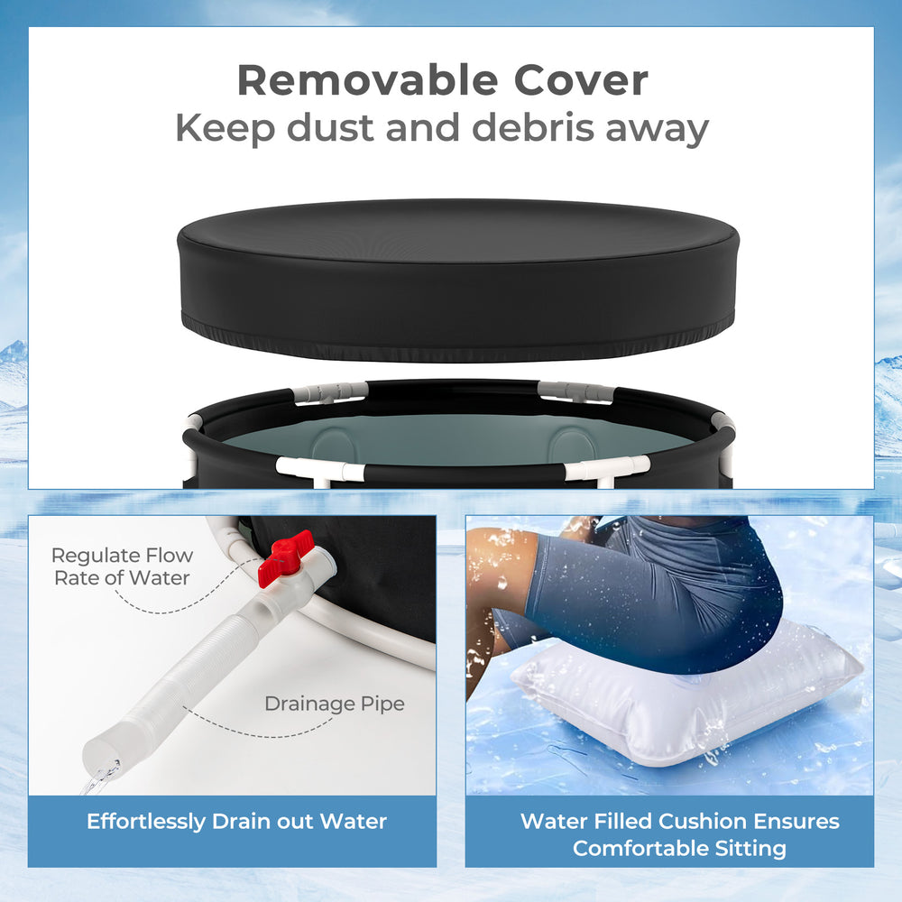 Foldable 66 Gal ice bath tub with removable lid, sturdy design, and water-filled cushion for comfortable sitting.
