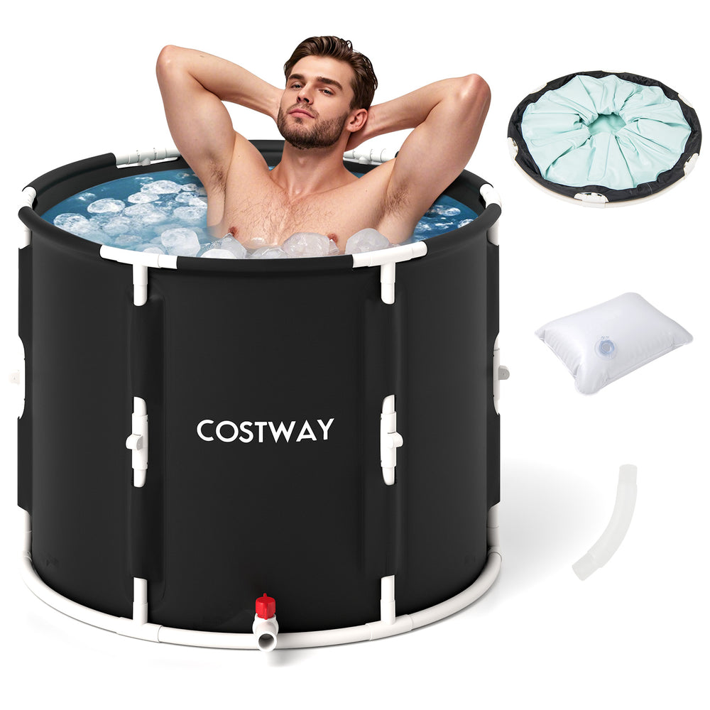 Foldable 66 Gal ice bath tub with lid, sturdy design, includes seat cushion for comfortable water seating.