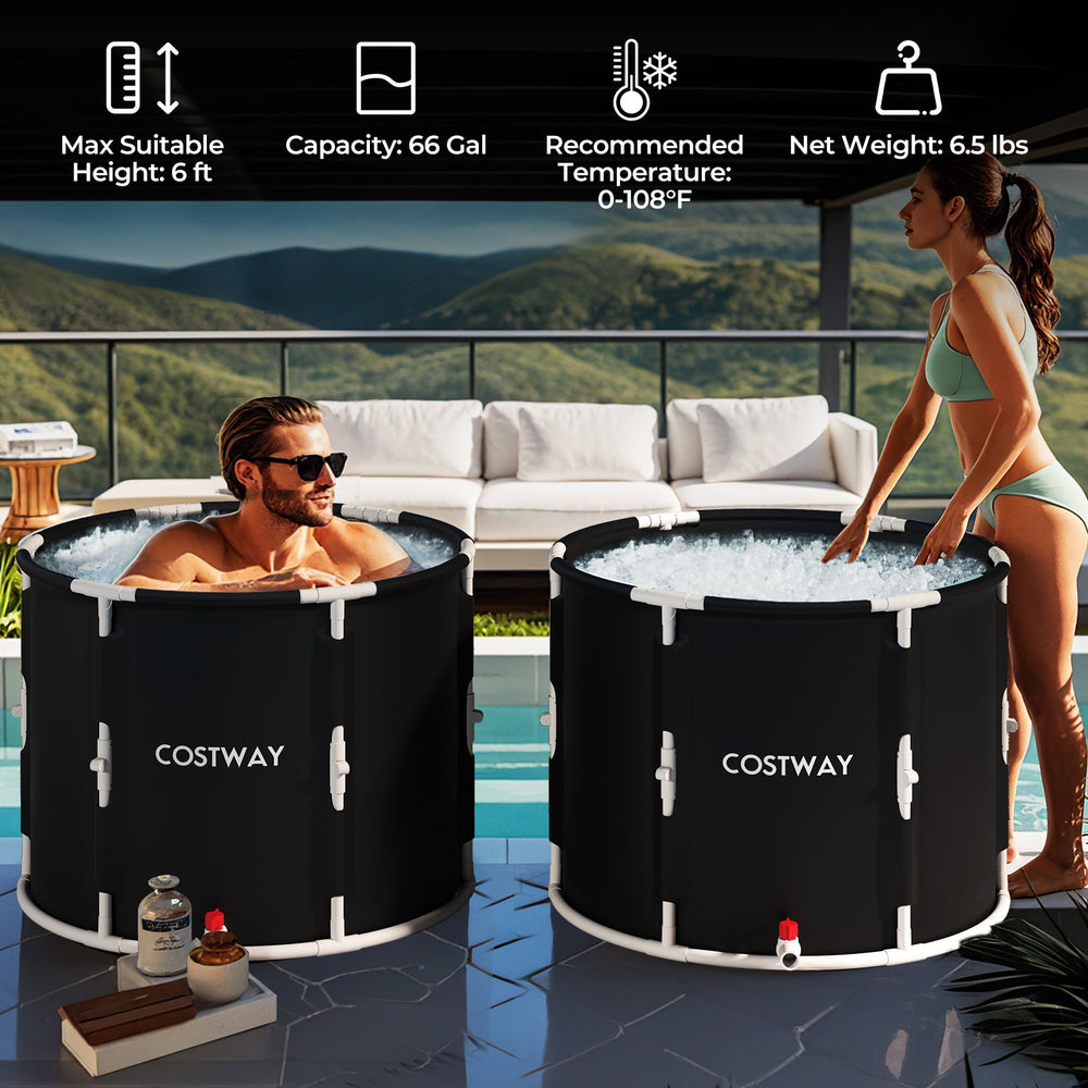 Foldable 66 Gal ice bath tub with lid, sturdy design, and seat cushion for comfortable water seating and recovery.