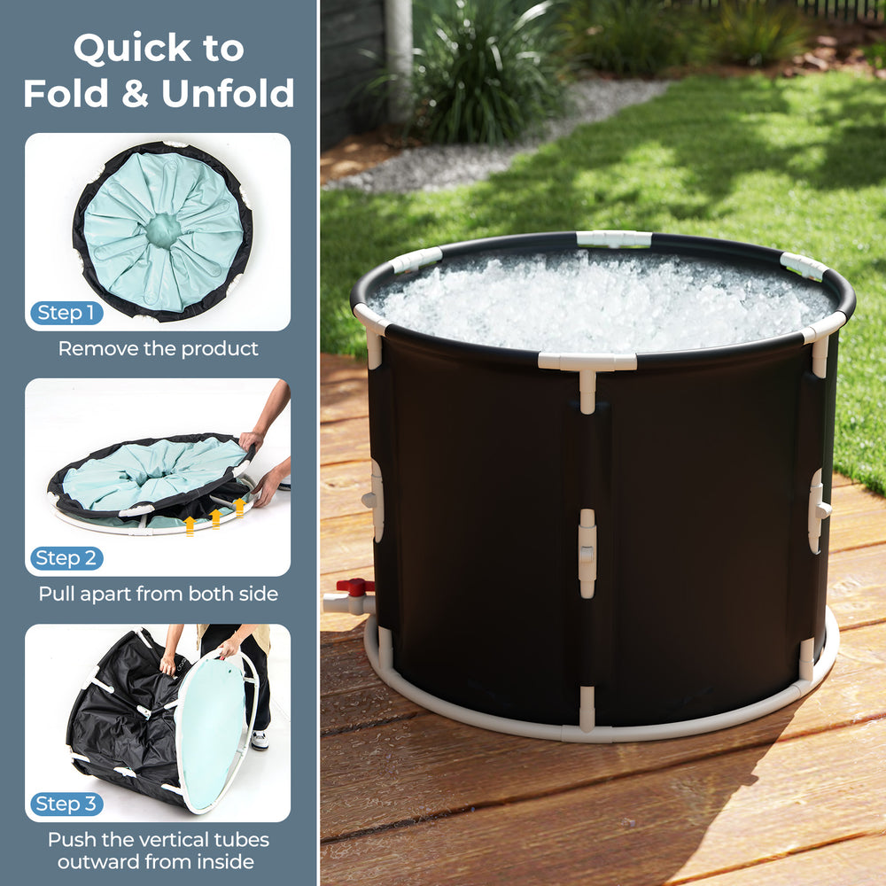 66 Gal foldable ice bath tub with lid, showcasing easy setup steps and sturdy design for effective muscle recovery.