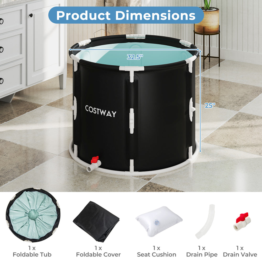 Foldable ice bath tub with lid, 66-gallon capacity, featuring sturdy support rods and a comfortable seat cushion.