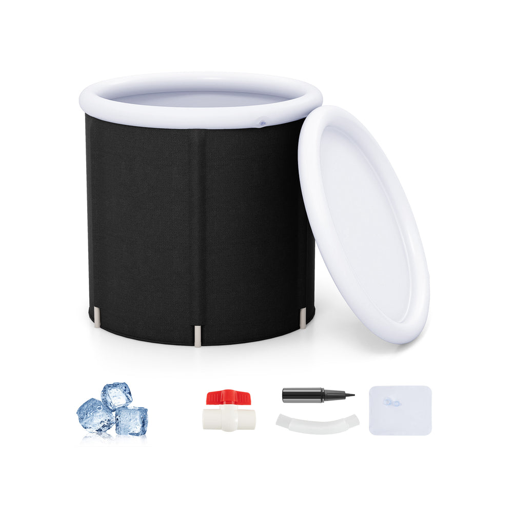 Outdoor ice plunge tub with lid, 66-gallon capacity, thick insulation, inflatable ring, and drain valve for easy.