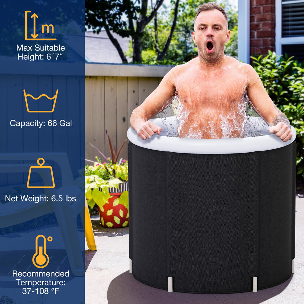 Outdoor 66 Gal ice plunge tub with lid, featuring thick insulation, head support, and easy water drainage for recovery.