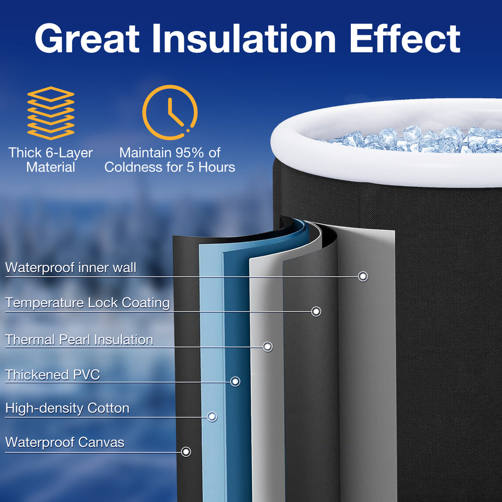 Close-up of the 66 Gal Outdoor Ice Plunge Tub showcasing thick 6-layer material for excellent insulation and durability.