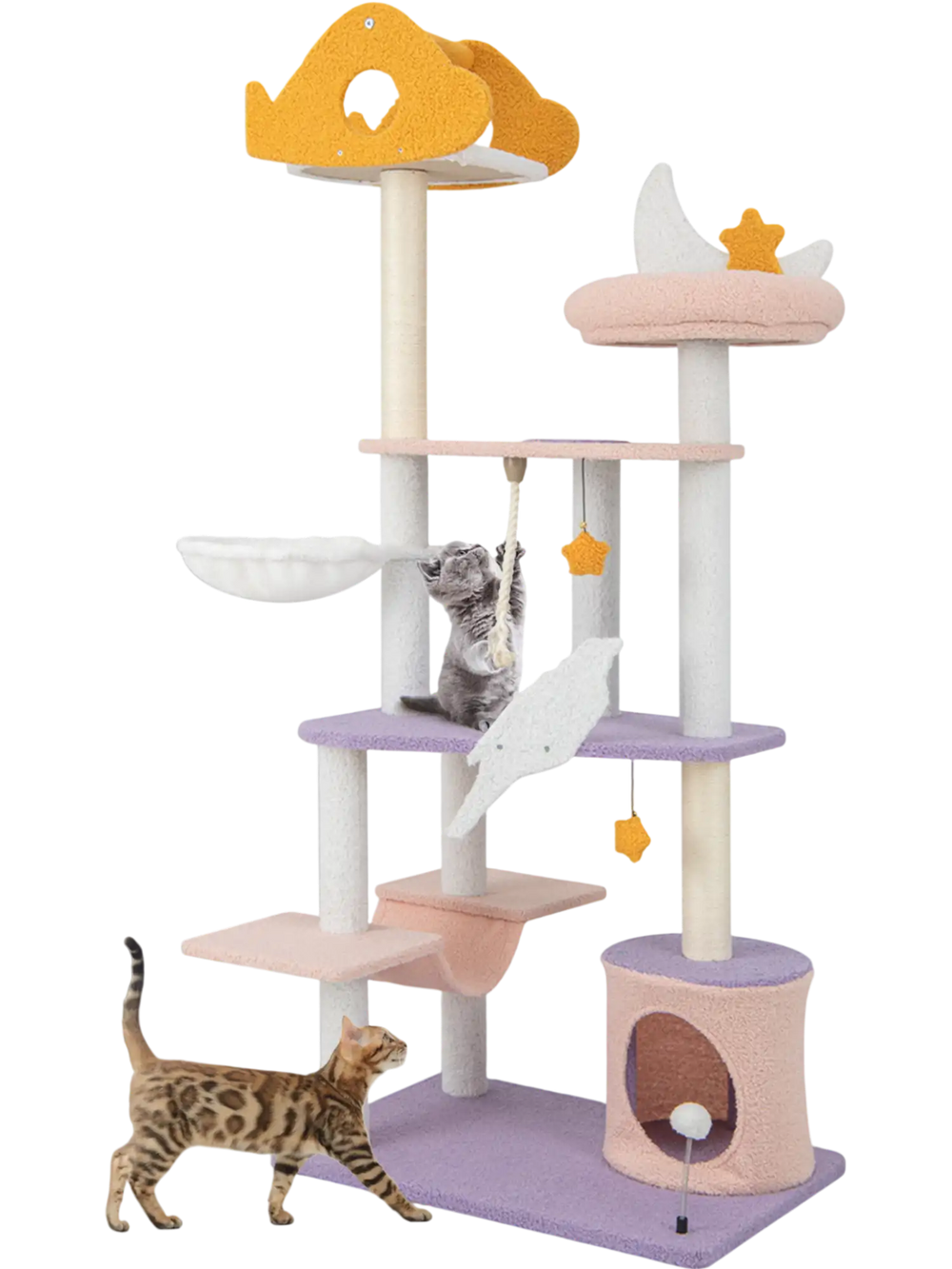 Multi-level 66-inch cat tree in purple with sisal scratching posts, cozy hammock, and cloud-shaped platforms for.