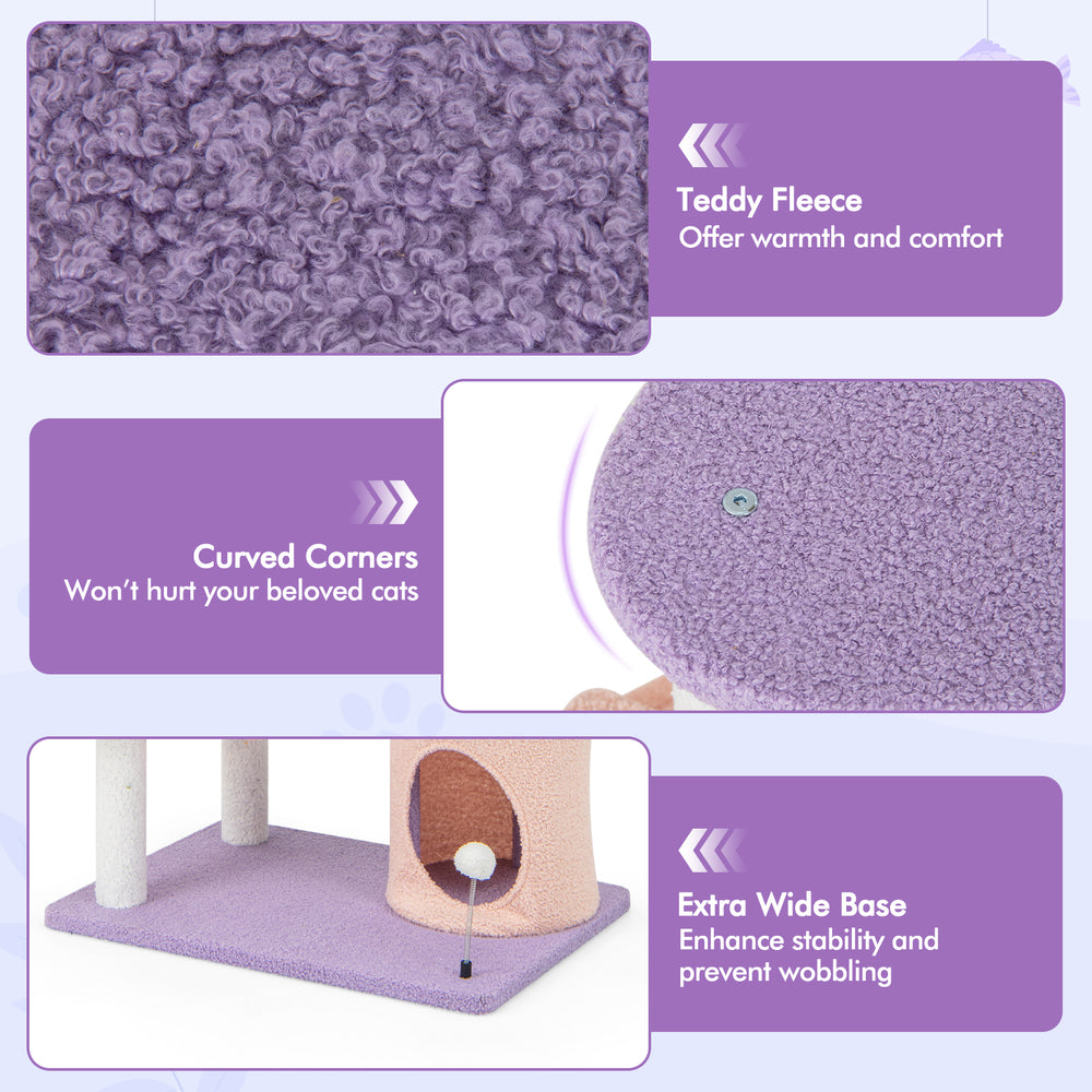 Multi-level 66-inch purple cat tree with plush perch, sisal scratching posts, and cozy hideaway for playful cats.