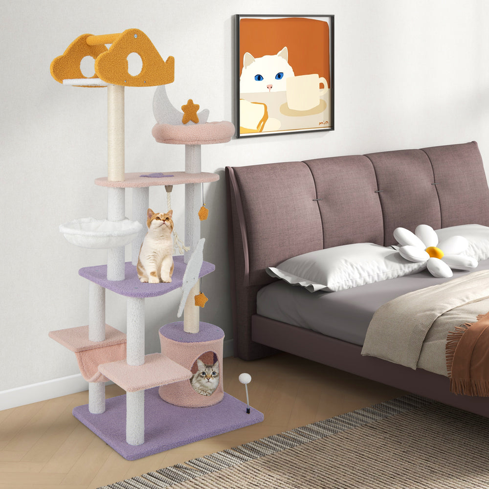 Multi-level 66-inch cat tree in purple with plush perches, sisal scratching posts, and cozy hideaway for playful cats.