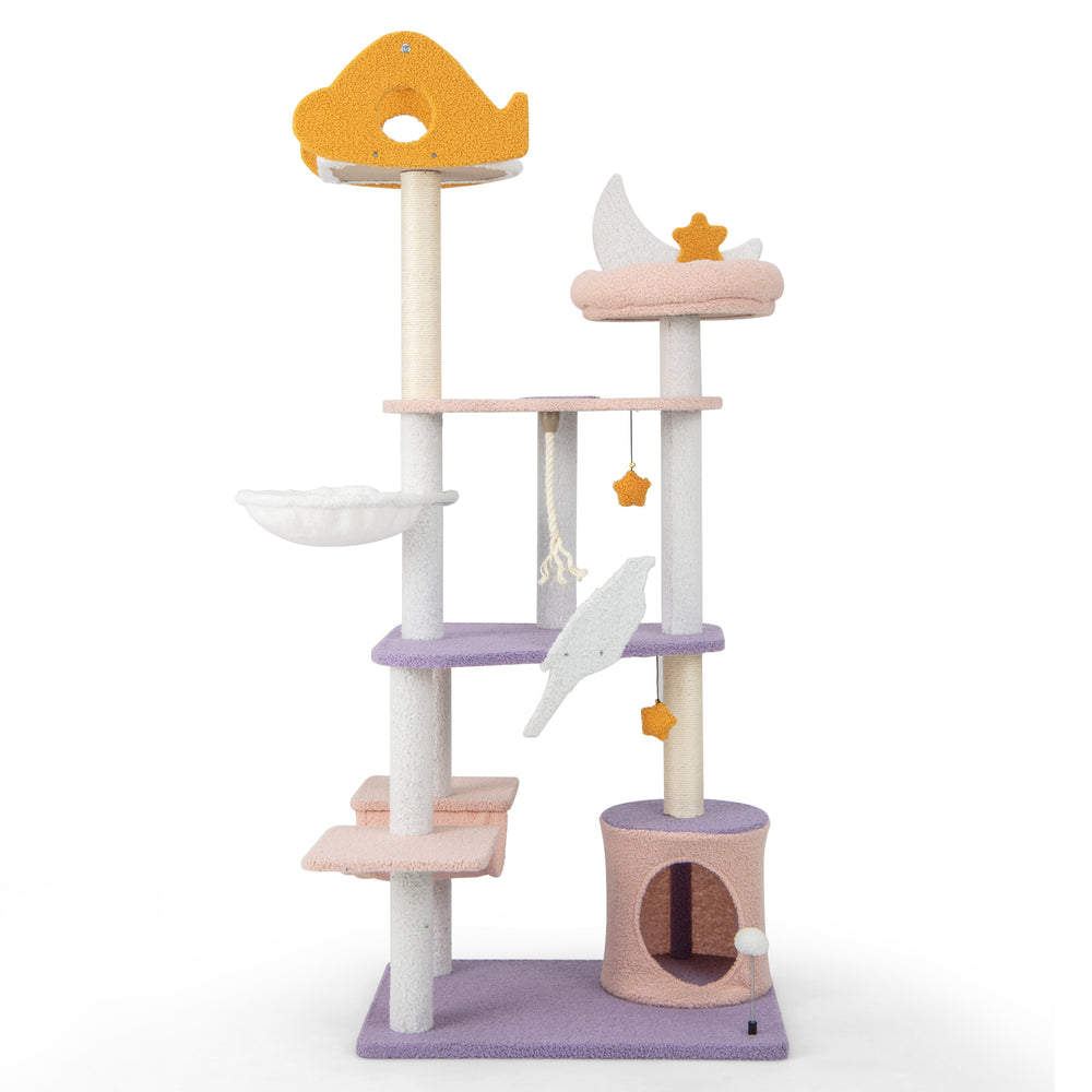 Multi-level 66-inch cat tree in purple with sisal scratching posts, cozy hammock, and whimsical star decorations.