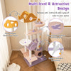 Multi-level 66-inch purple cat tree with cloud-shaped platforms, sisal scratching posts, and cozy hideaway condo for.