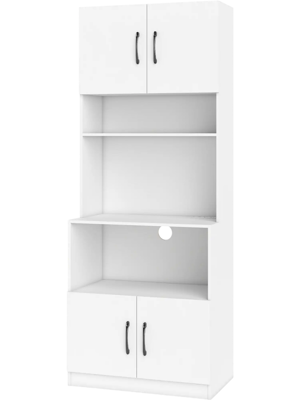 66-inch white kitchen pantry cabinet with adjustable shelves, charging station, and soft-close doors for dining room.