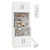 66-inch white kitchen pantry cabinet with charging station, adjustable shelves, and soft-close doors for dining room.